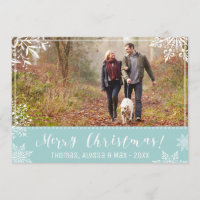 Merry Christmas Ice Blue & Snow Personalized Photo Holiday Card