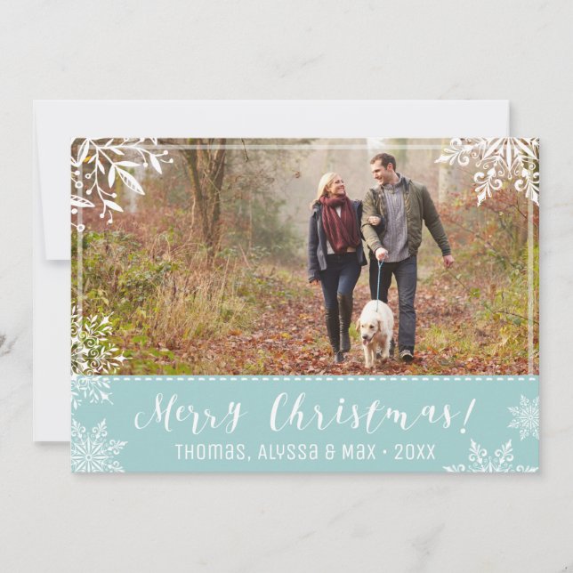 Merry Christmas Ice Blue & Snow Personalized Photo Holiday Card (Front)