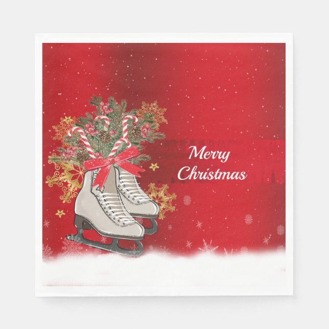 Merry Christmas Ice Skate Candy Canes Snowflakes Napkins (Front)