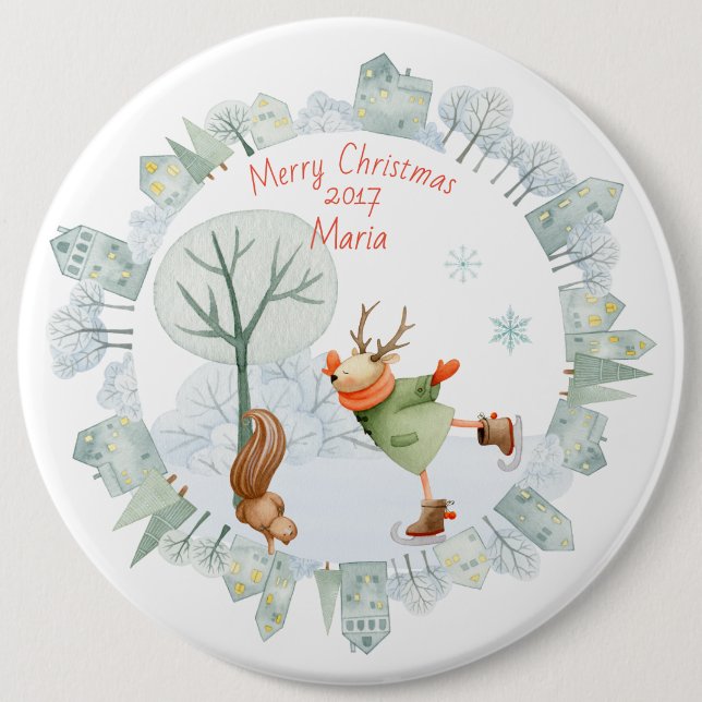Merry Christmas Ice Skating Deer in Winter on Button (Front)