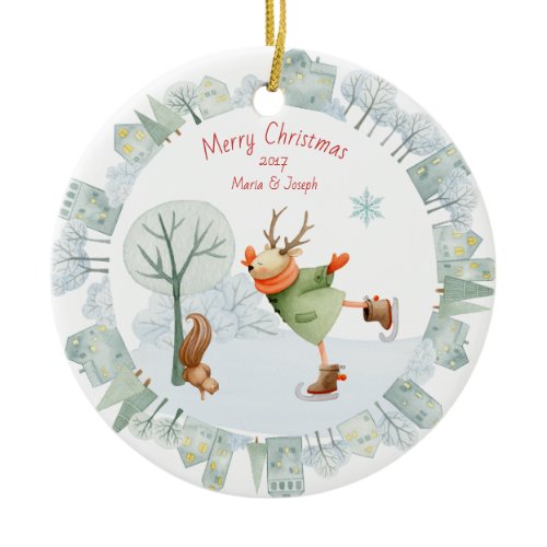 Merry Christmas Ice Skating Deer in Winter on Ceramic Ornament