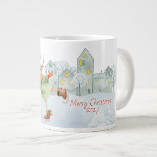 Merry Christmas Ice Skating Deer in Winter on Giant Coffee Mug