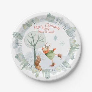 Merry Christmas Ice Skating Deer in Winter on Paper Plates
