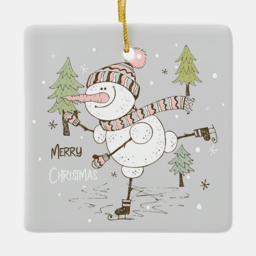 Merry Christmas Ice Skating Snowman  Ceramic Ornament