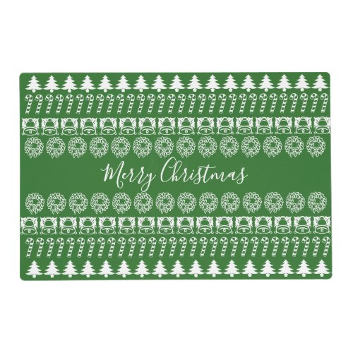 Merry Christmas Icon Pattern GreenWhite Holiday Placemat