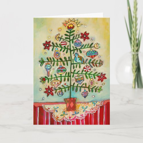 Merry Christmas Illustrated Folk Tree Holiday Card