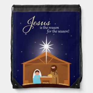 Merry Christmas Illustrated Nativity Scene   Drawstring Bag
