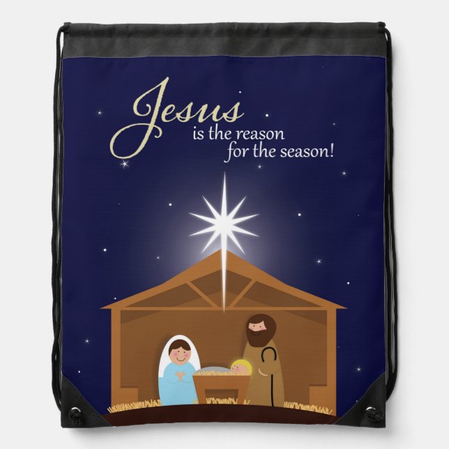 Merry Christmas Illustrated Nativity Scene   Drawstring Bag (Front)