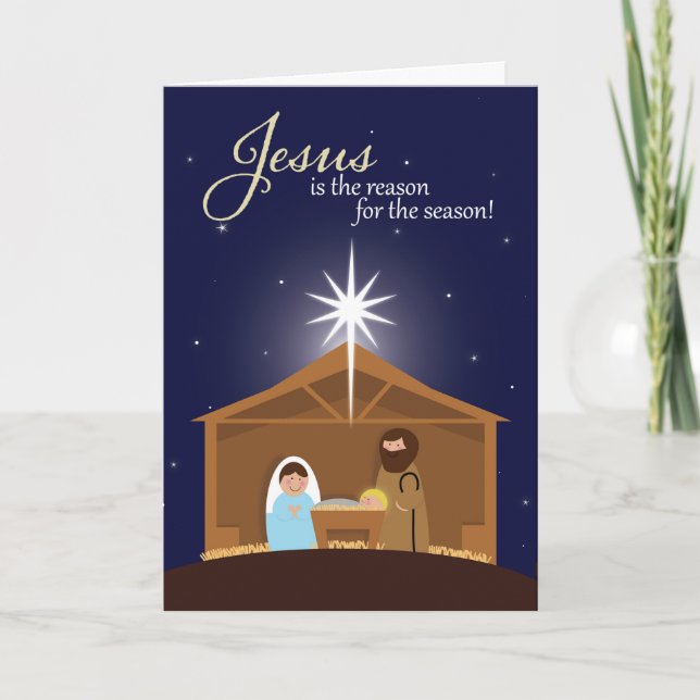 Merry Christmas Illustrated Nativity Scene Holiday Card (Front)