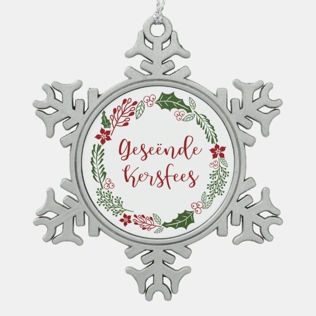 Merry Christmas in Afrikaans Geseënde Kersfees Snowflake Pewter Christmas Ornament (Front)