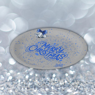 Merry Christmas in Blue on Silver Paper Plates