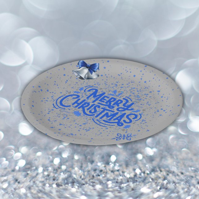 Merry Christmas in Blue on Silver | Paper Plates (Creator Uploaded)