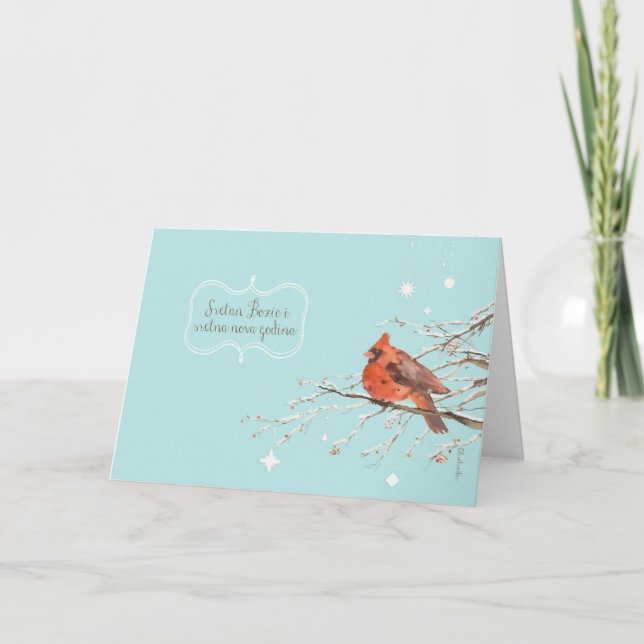 Merry Christmas in Bosnian, red cardinal bird Holiday Card (Front)