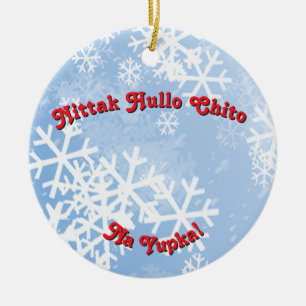 Merry Christmas in Choctaw w Snowflake backgrond  Ceramic Ornament