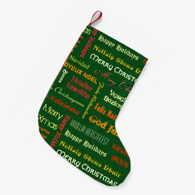 Merry Christmas in Different Languages Small Christmas Stocking (Front (Hanging))