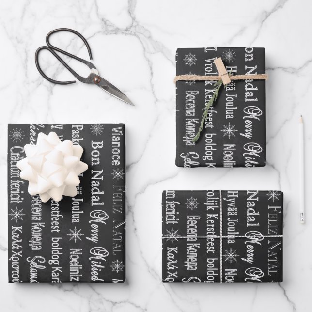 Merry Christmas in Foreign Languages Black Wrapping Paper Sheets (Front)