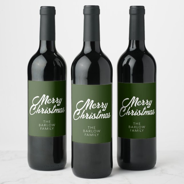 Merry Christmas in Forest/Dark Green Wine Label (Bottles)