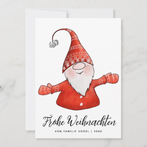 Merry Christmas in German Cute Gnome White Red Holiday Card