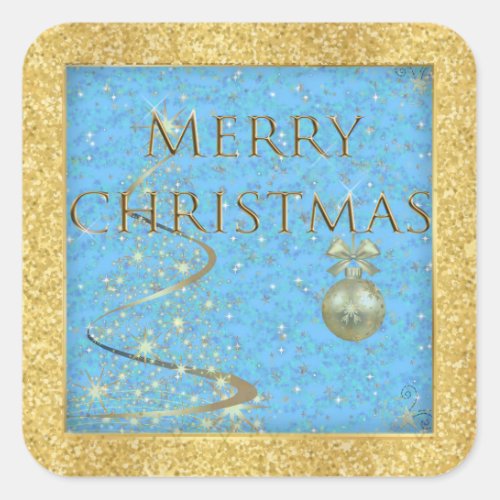 Merry Christmas in Gold and Blue  Square Sticker
