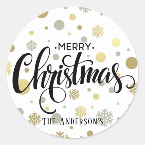 Merry Christmas in Gold and Silver Snow Customize Classic Round Sticker