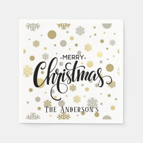 Merry Christmas in Gold and Silver Snow Customize Napkins