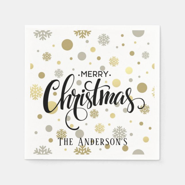 Merry Christmas in Gold and Silver Snow Customize Napkins (Front)