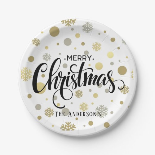 Merry Christmas in Gold and Silver Snow Customize Paper Plates
