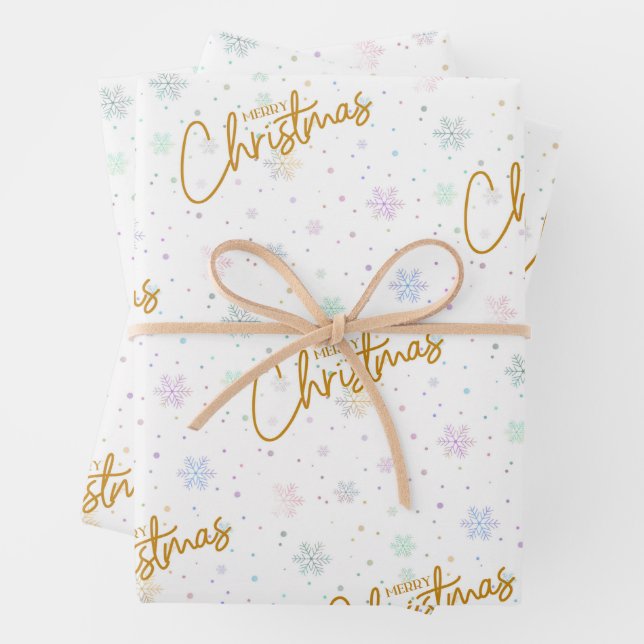 Merry Christmas in Gold with Snowflake Background Wrapping Paper Sheets (In situ)