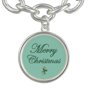 Merry Christmas in Green Glitter with Candy Cane Bracelet