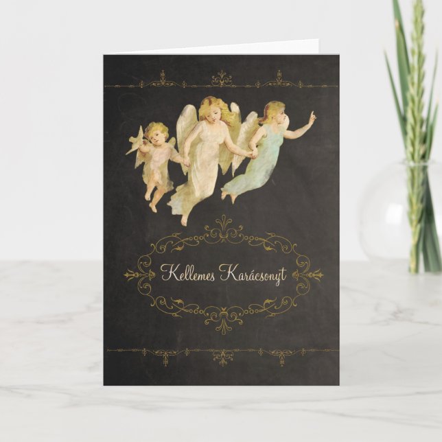 Merry Christmas in Hungarian, angels, Holiday Card (Front)