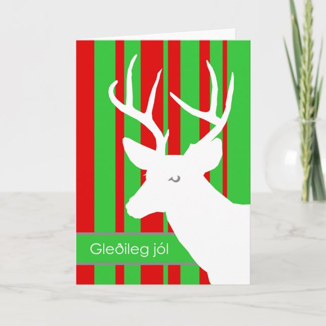 Merry Christmas in Icelandic, White Deer Stripes Holiday Card (Front)