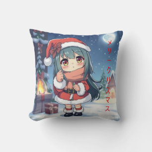 Merry Christmas In Japanese Anime Girl  Throw Pillow