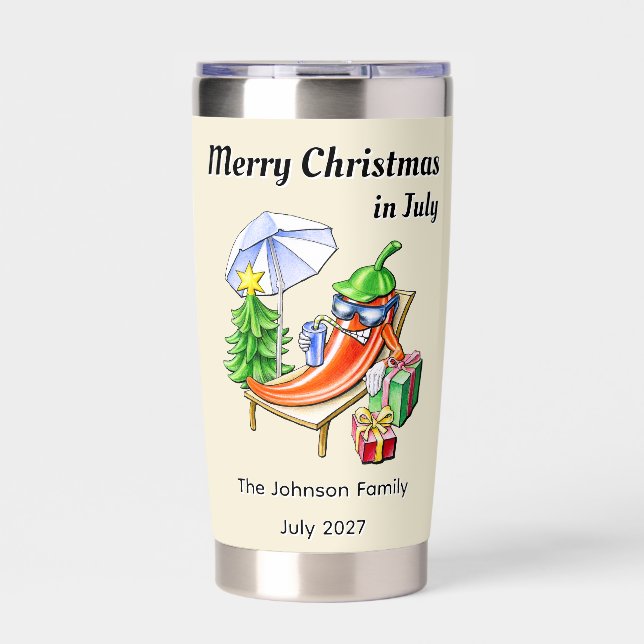 Merry Christmas in July Funny Chilli Beach Party Insulated Tumbler (Front)