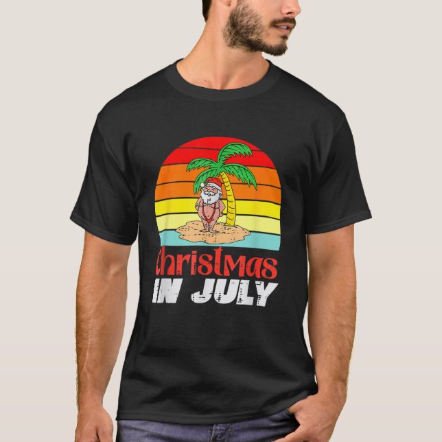 Merry Christmas in July Santas Summer Beach Funny T-Shirt (Front)