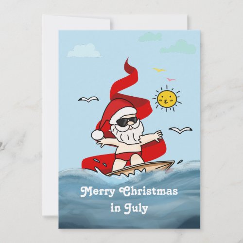 Merry Christmas In July Surfing Santa Claus  Holiday Card