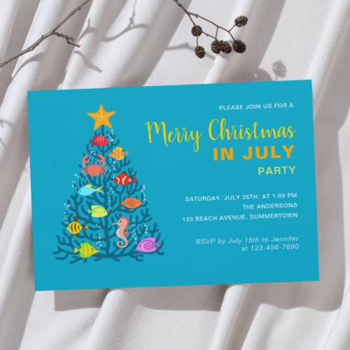 Merry Christmas in July Tropical Coral Tree Fishes Invitation