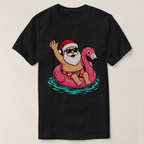 Merry Christmas in July Tropical Flamingo Santa T-Shirt