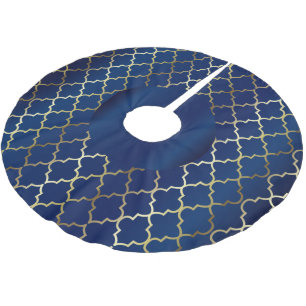 Merry Christmas in Navy Blue & Gold Quatrefoil Brushed Polyester Tree Skirt