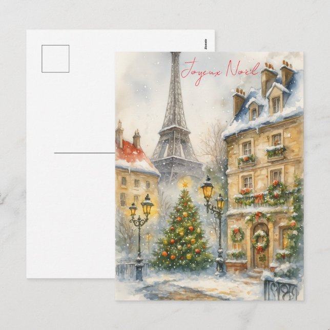Merry Christmas in Paris Watercolor Eiffel Tower  Holiday Postcard (Front/Back)
