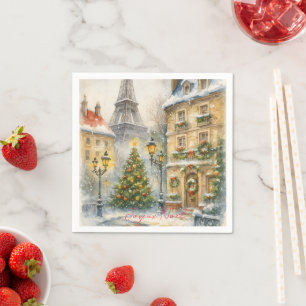 Merry Christmas in Paris Watercolor Eiffel Tower  Napkins