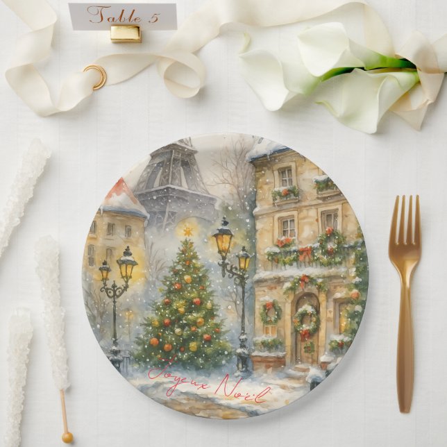 Merry Christmas in Paris Watercolor Eiffel Tower  Paper Plates (Wedding)