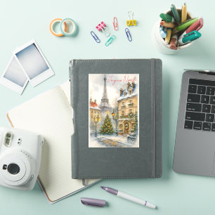 Merry Christmas in Paris Watercolor Eiffel Tower Sticker