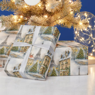 Merry Christmas in Paris Watercolor Eiffel Tower Wrapping Paper