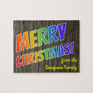 "MERRY CHRISTMAS!" in Rainbow Text, Faux Wood Look Jigsaw Puzzle