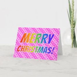 "MERRY CHRISTMAS!" in Rainbow Text + Pink Hearts Holiday Card