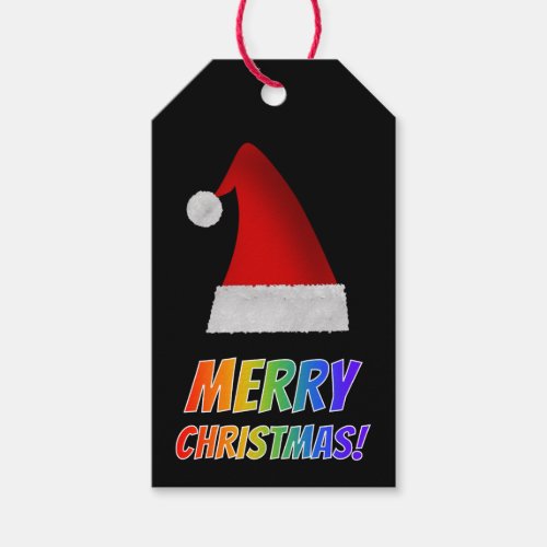 MERRY CHRISTMAS in Rainbow Text Red Santa Hat Gift Tags