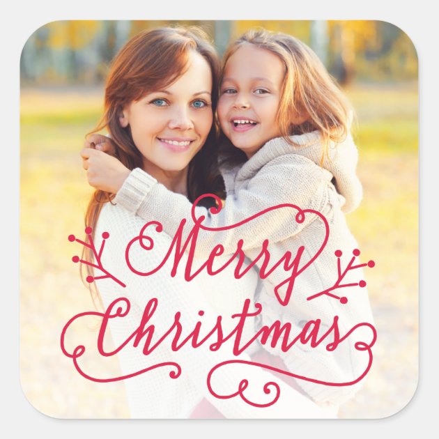 Merry Christmas In Red Script | Holiday Photo Square Sticker