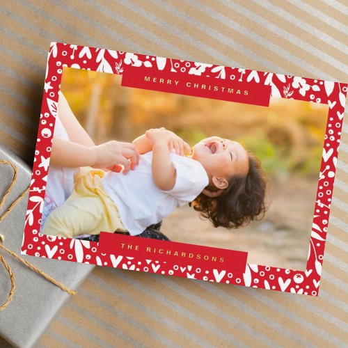 Merry Christmas in red white text photo florals Foil Holiday Card