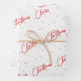 Merry Christmas in Red Writing with Gold Snow Wrapping Paper Sheets