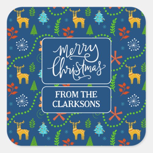 Merry Christmas in the Forest  Blue Square Sticker